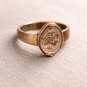 Vintage-Style Roman Coin Signet Ring – Gold Copper Patina, Size 7.75